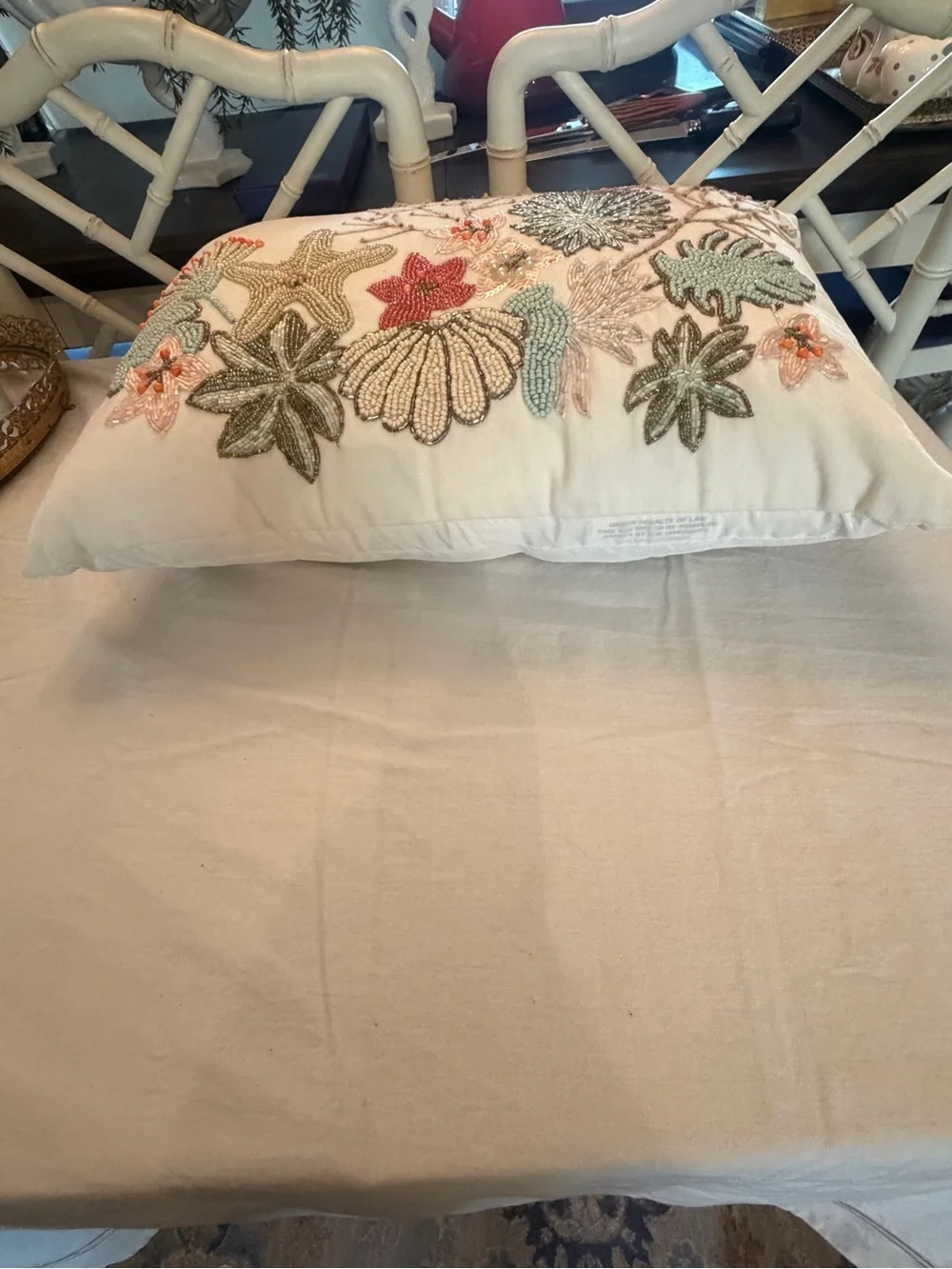 Pier 1 Beaded Coastal Motif Accent Pillow - White, Coral, Aqua, Gold